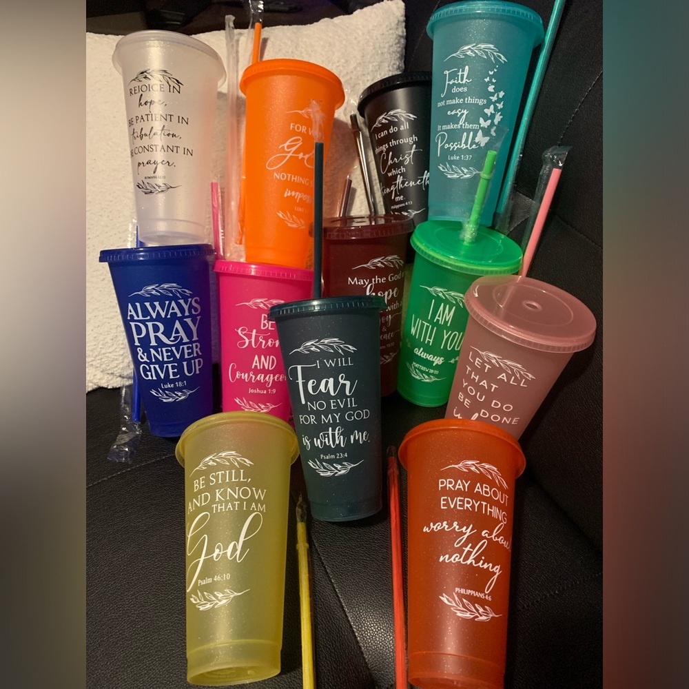 Tumbler w/Lid&Straw Faith Inspiration Scripture Glitter Plastic Tumbler NEW